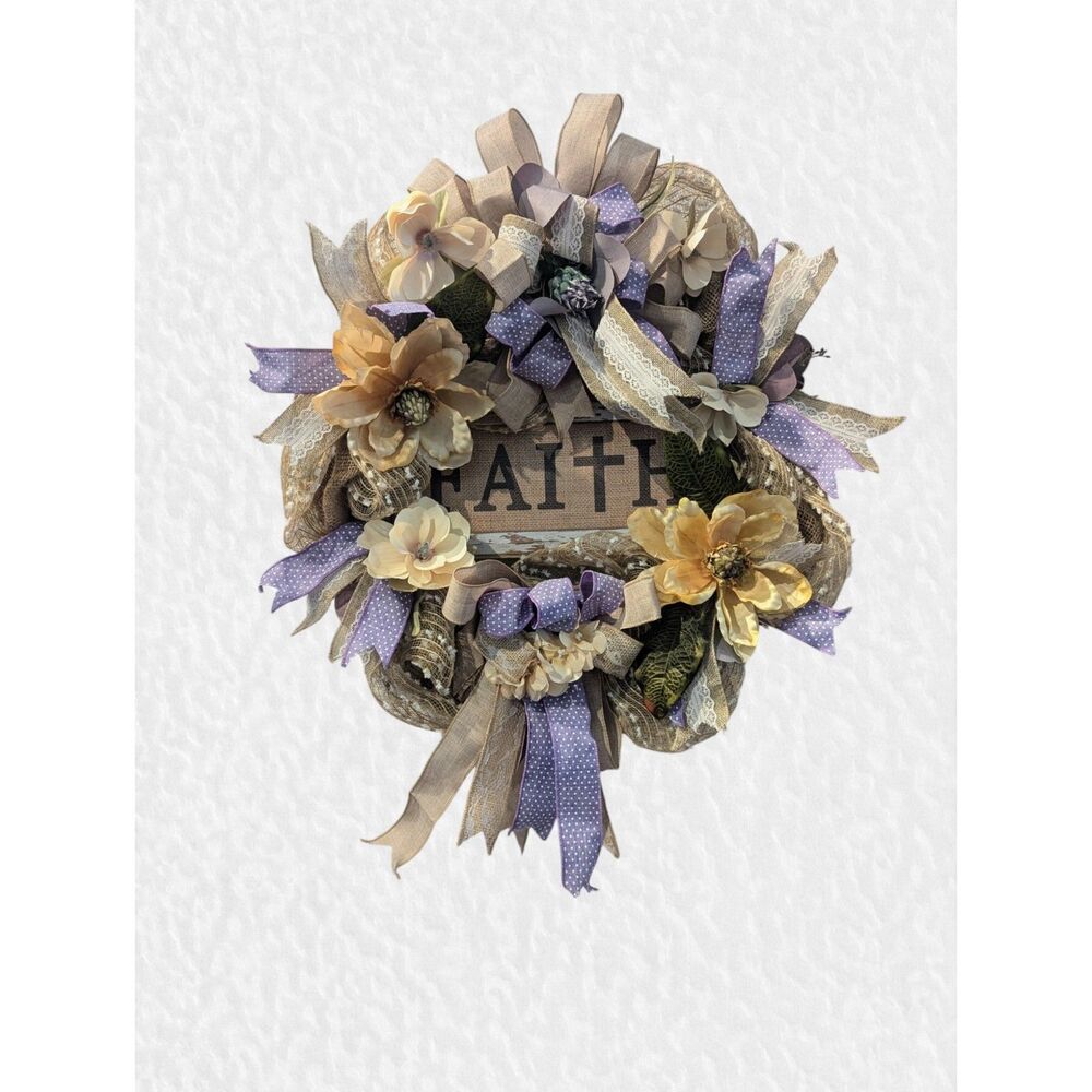 Custom Made Faith, Religious, wire frame, mesh/ribbon/floral wreath